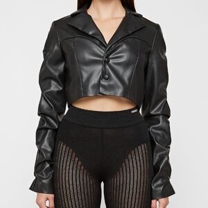Manière De Voir Black Cropped Vegan Leather Jacket US 4 Tacked Sleeve Moto Style